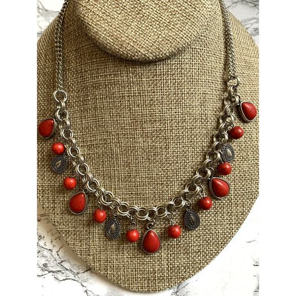 Faux Red Turquoise Necklace Charm Dangles Aged Silver Tone with Lobster Clasp- - Picture 1 of 6